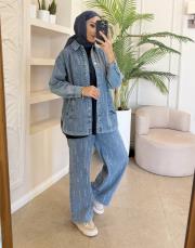 düz taşlı denim takım mavi 3