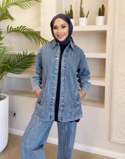 düz taşlı denim takım mavi 4