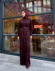 desenli saten takım bordo