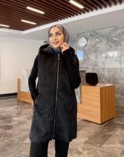 deri kemerli kürk yelek siyah 4