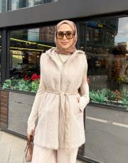 deri kemerli kürk yelek bej 2