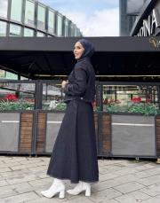 çizgi detay denim etekli takım lacivert 3