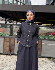 çizgi detay denim etekli takım lacivert 5