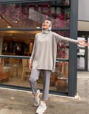 yesa çizgili basic triko tunik gri