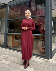 serpme taşlı triko elbise bordo