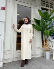 serpme taşlı triko elbise ekru