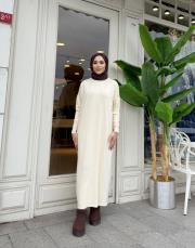 serpme taşlı triko elbise ekru 3