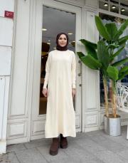 serpme taşlı triko elbise ekru 4