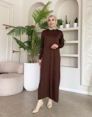 serpme taşlı triko elbise kahve