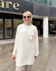 çiçekli triko tunik ekru 2