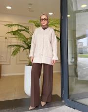 düğmeli cepli triko hırka bej