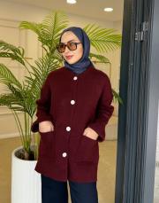 düğmeli cepli triko hırka bordo 2