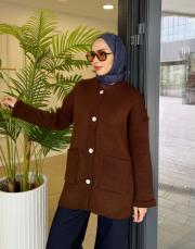 düğmeli cepli triko hırka kahve 2