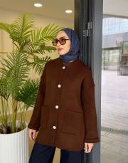 düğmeli cepli triko hırka kahve 4