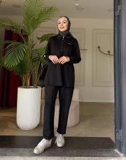 yakası fermuar detaylı takım siyah