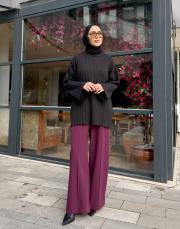 simli çizgili peluş kazak siyah