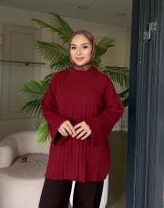 simli çizgili peluş kazak bordo