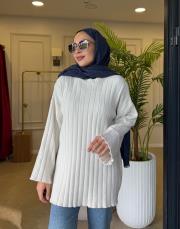 simli çizgili peluş kazak ekru