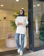 simli çizgili peluş kazak ekru 3