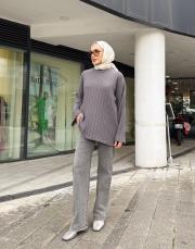 simli çizgili peluş kazak füme