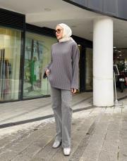 simli çizgili peluş kazak füme 2