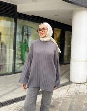 simli çizgili peluş kazak füme 3