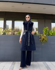 deri cep detay angora yelek lacivert