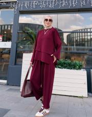luvina asimetrik şalvar takım bordo