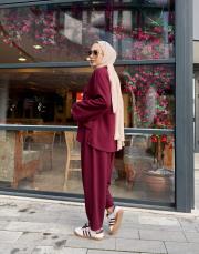 luvina asimetrik şalvar takım bordo 3