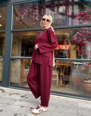 luvina asimetrik şalvar takım bordo 4