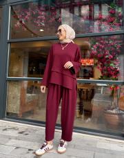 luvina asimetrik şalvar takım bordo 5