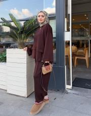 luvina asimetrik şalvar takım kahve 2