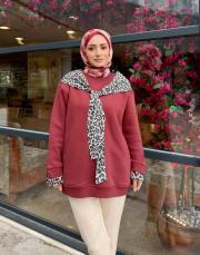 yaka fularlı şardonlu sweat bordo