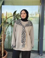 yaka fularlı şardonlu sweat haki