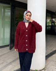 taş düğmeli peluş hırka bordo