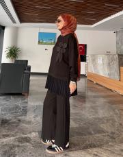 yaka çiçekli pliseli bol paça takım siyah