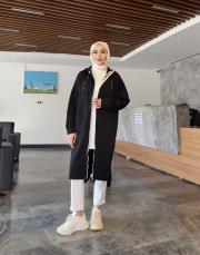 üç iplik kanguru cep kapüşonlu kap siyah