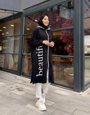 üç iplik baskı detay kapüşonlu kap siyah 3