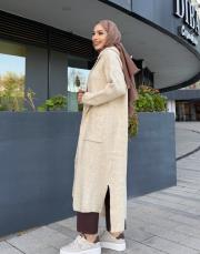 kapüşonlu triko hırka bej 2