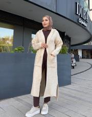 kapüşonlu triko hırka bej 3