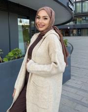 kapüşonlu triko hırka bej 4