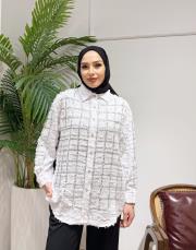 taşlı kare desen ithal gömlek beyaz 4