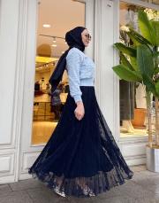 dantel pliseli ithal etek lacivert
