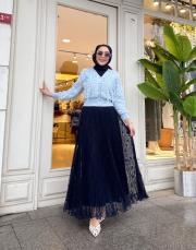 dantel pliseli ithal etek lacivert 2