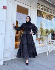 taş detay kat kat elbise siyah