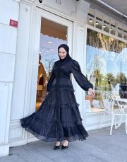 taş detay kat kat elbise siyah 3