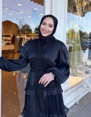 taş detay kat kat elbise siyah 4