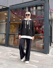 çift renk kapüşonlu sweatshırt siyah