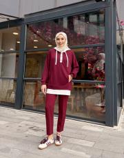 çift renk kapüşonlu sweatshırt bordo