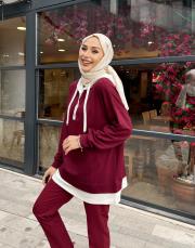 çift renk kapüşonlu sweatshırt bordo 2
